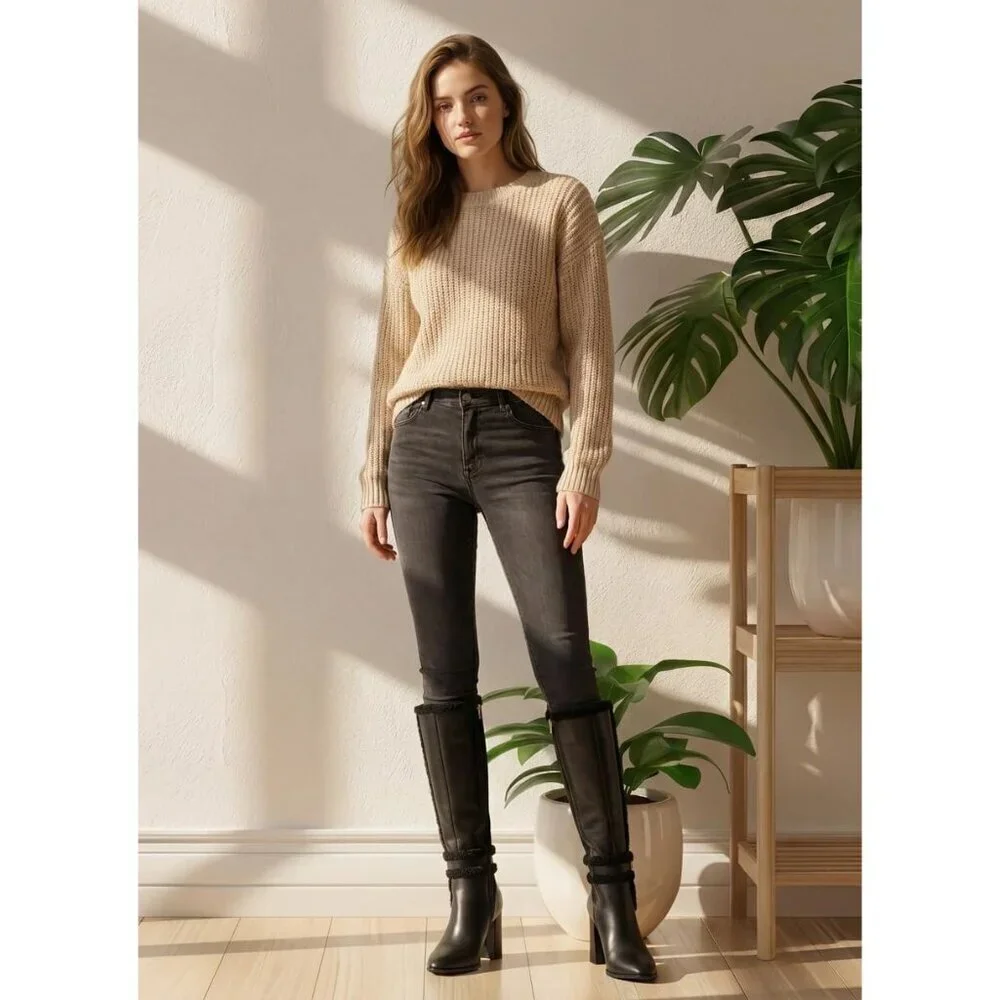 Women's Black Chunky Block High Heels Pointed Toe Winter Snow Knee High Boots